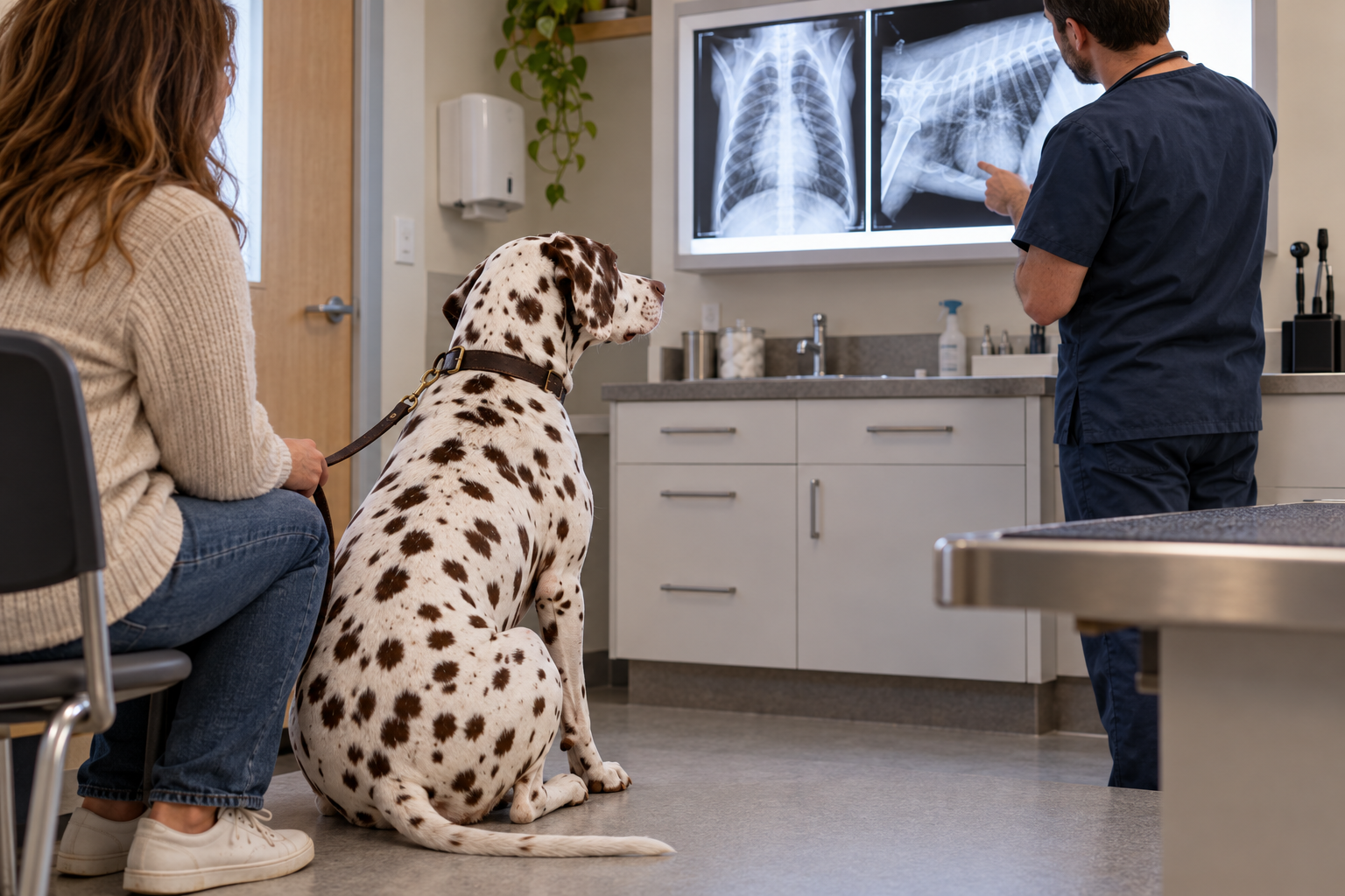 Veterinár hodnotí röntgenové snímky hrudníka psa s majiteľom